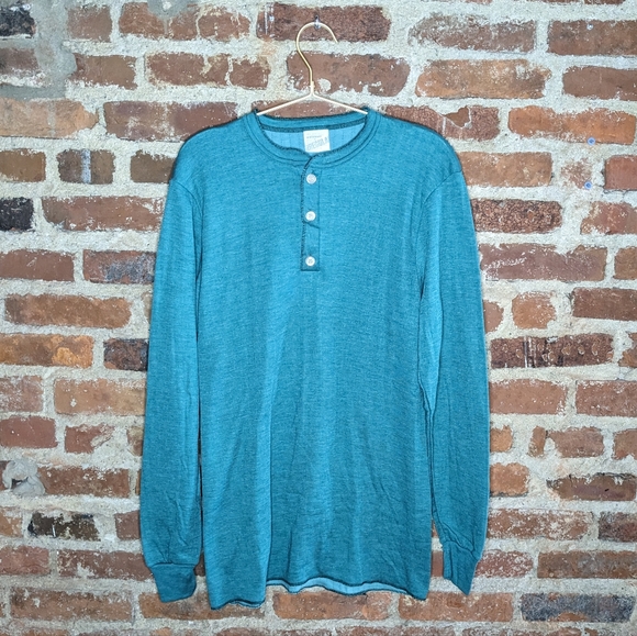 NWOT Vintage Sears Winterskins Large Blue-ish Green Long Sleeve Henley Shirt - Picture 1 of 5